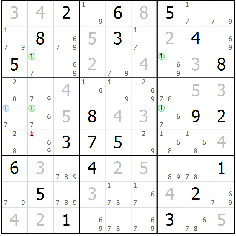 Position des candidats pour la solution de la Gr 81 page 84 du magazine de sudoku Maestro n° 099