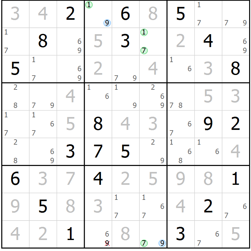 Position des candidats pour la solution de la Gr 81 page 84 du magazine de sudoku Maestro n° 099