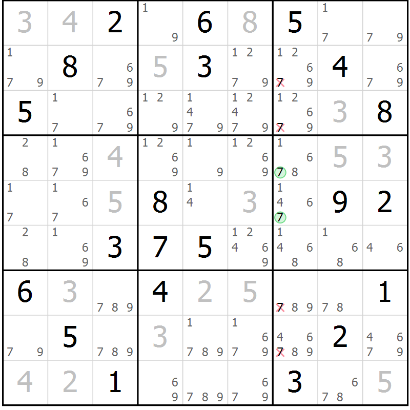 Position des candidats pour la solution de la Gr 81 page 84 du magazine de sudoku Maestro n° 099