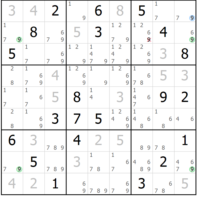 Position des candidats pour la solution de la Gr 81 page 84 du magazine de sudoku Maestro n° 099