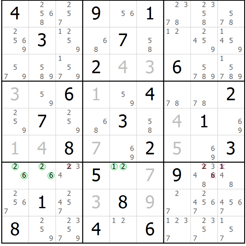 Position des candidats pour la solution de la Gr 82 page 85 du magazine de sudoku Maestro n° 099