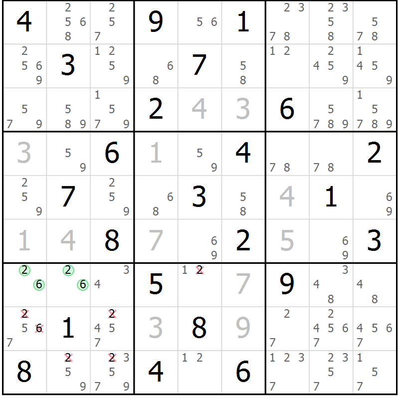 Position des candidats pour la solution de la Gr 82 page 85 du magazine de sudoku Maestro n° 099
