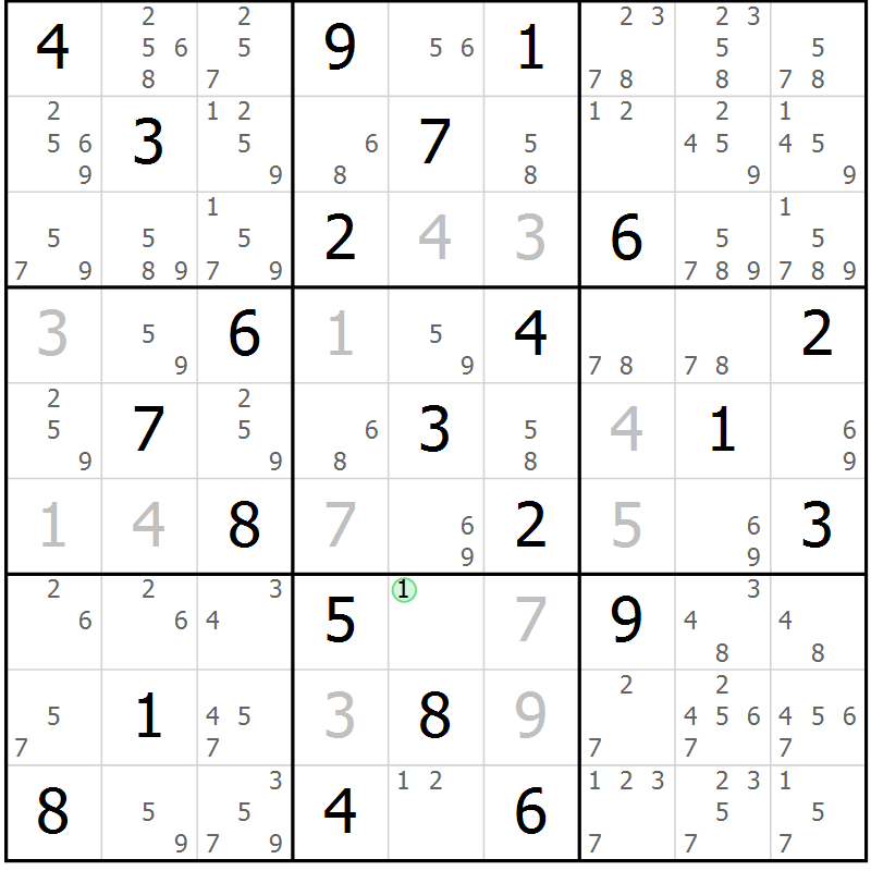 Position des candidats pour la solution de la Gr 82 page 85 du magazine de sudoku Maestro n° 099