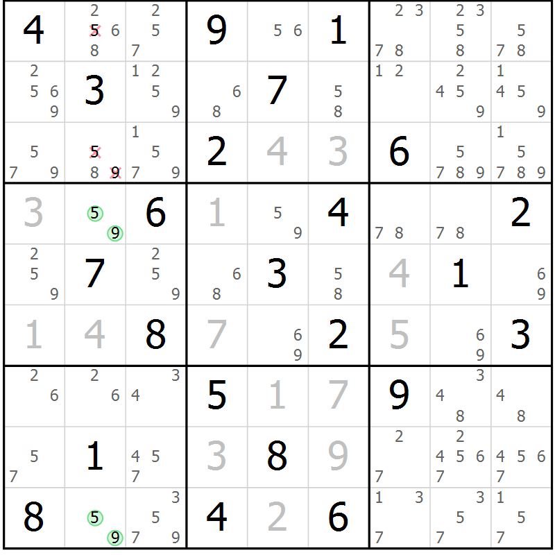 Position des candidats pour la solution de la Gr 82 page 85 du magazine de sudoku Maestro n° 099