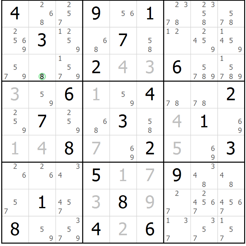 Position des candidats pour la solution de la Gr 82 page 85 du magazine de sudoku Maestro n° 099