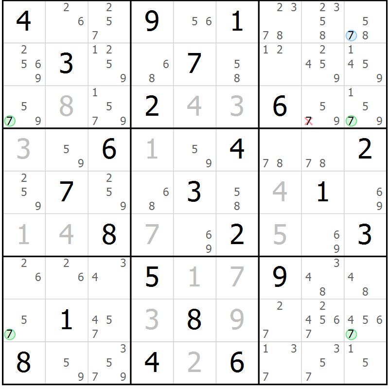 Position des candidats pour la solution de la Gr 82 page 85 du magazine de sudoku Maestro n° 099