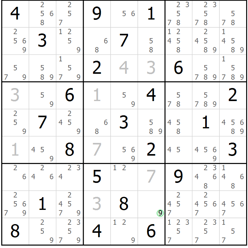 Position des candidats pour la solution de la Gr 82 page 85 du magazine de sudoku Maestro n° 099