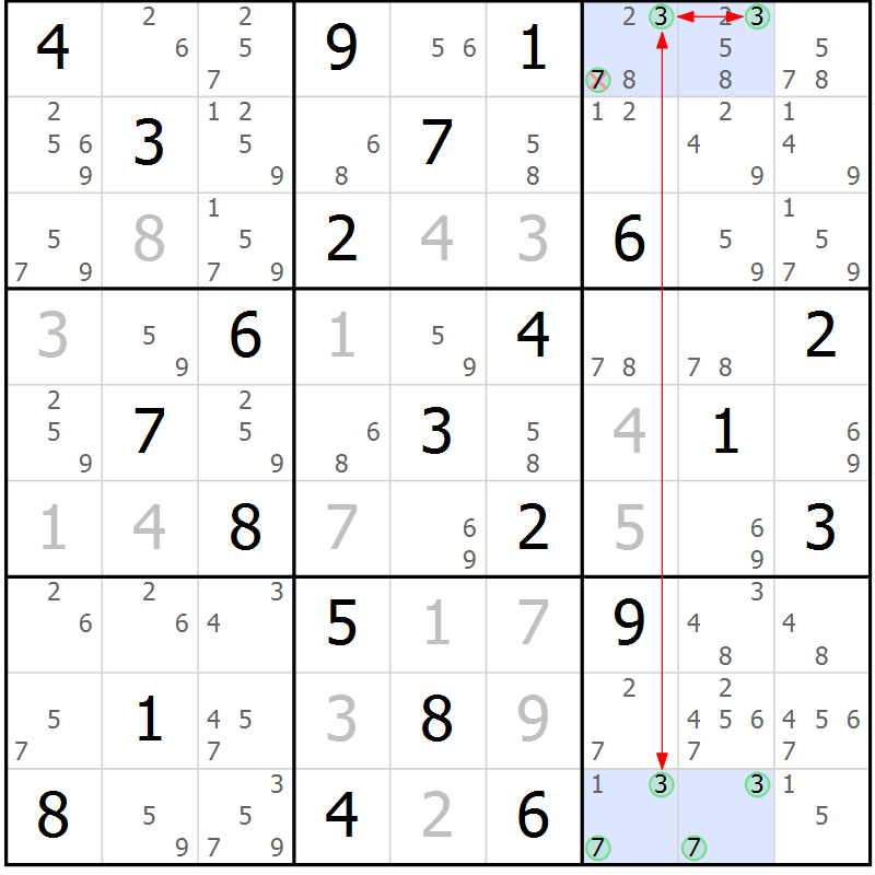 Position des candidats pour la solution de la Gr 82 page 85 du magazine de sudoku Maestro n° 099