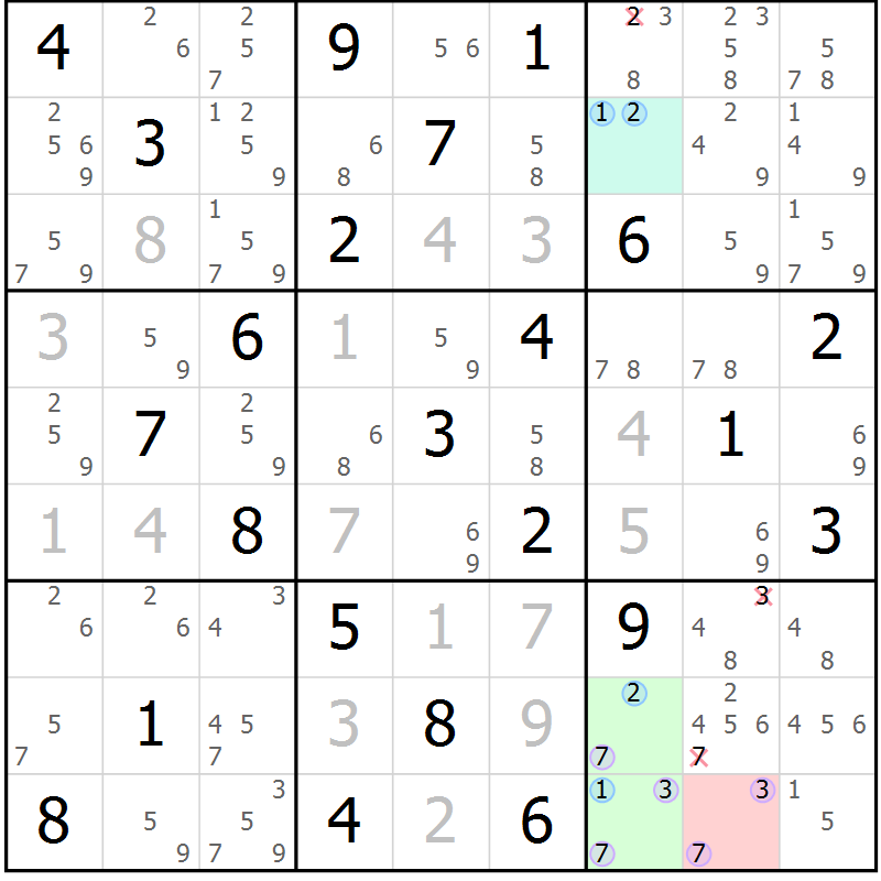 Position des candidats pour la solution de la Gr 82 page 85 du magazine de sudoku Maestro n° 099