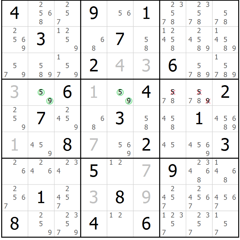 Position des candidats pour la solution de la Gr 82 page 85 du magazine de sudoku Maestro n° 099