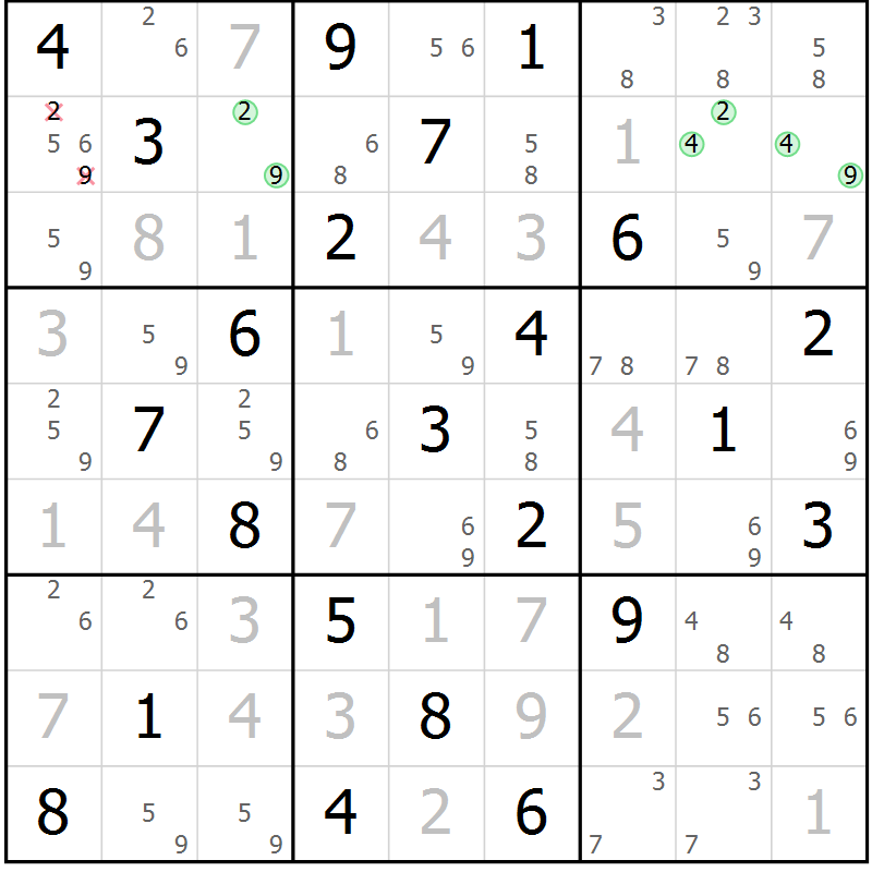 Position des candidats pour la solution de la Gr 82 page 85 du magazine de sudoku Maestro n° 099