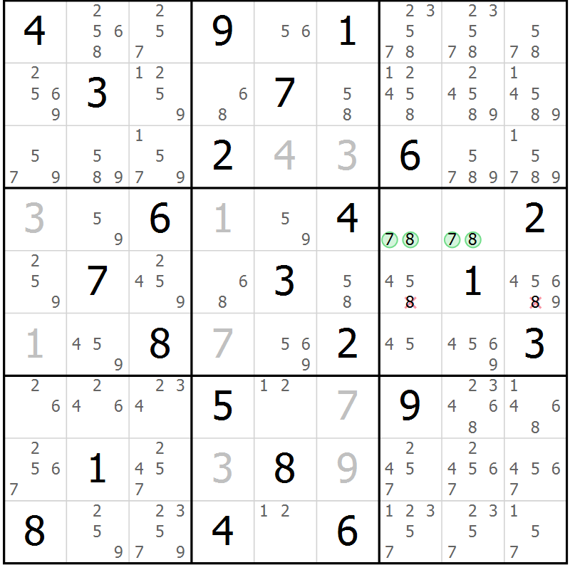 Position des candidats pour la solution de la Gr 82 page 85 du magazine de sudoku Maestro n° 099
