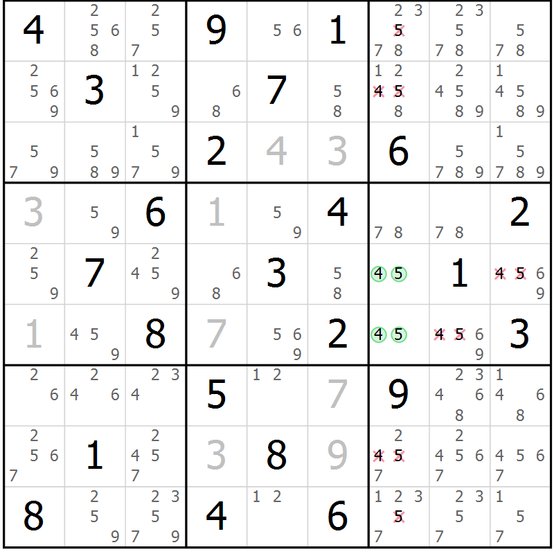 Position des candidats pour la solution de la Gr 82 page 85 du magazine de sudoku Maestro n° 099