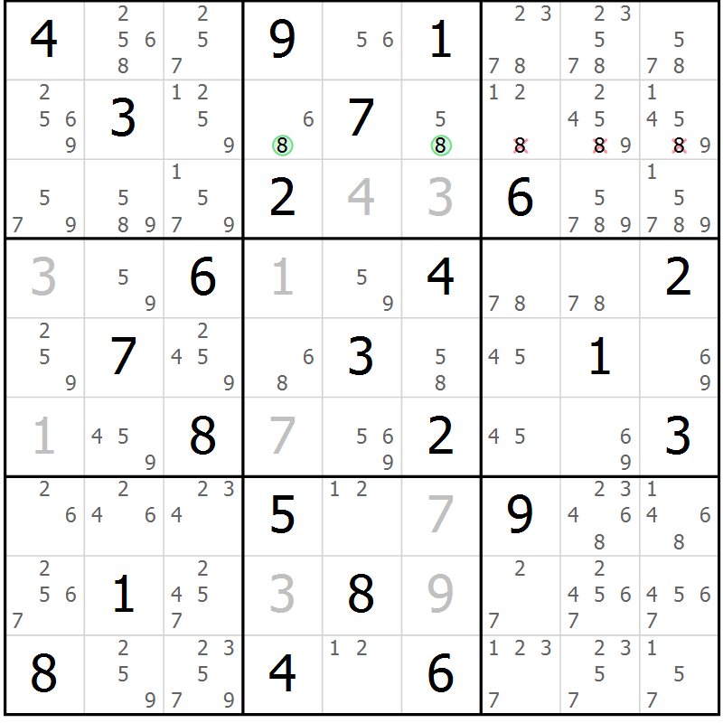 Position des candidats pour la solution de la Gr 82 page 85 du magazine de sudoku Maestro n° 099