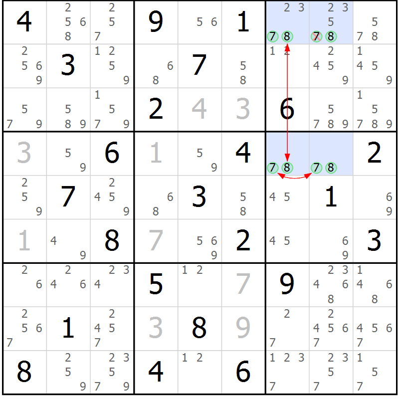 Position des candidats pour la solution de la Gr 82 page 85 du magazine de sudoku Maestro n° 099