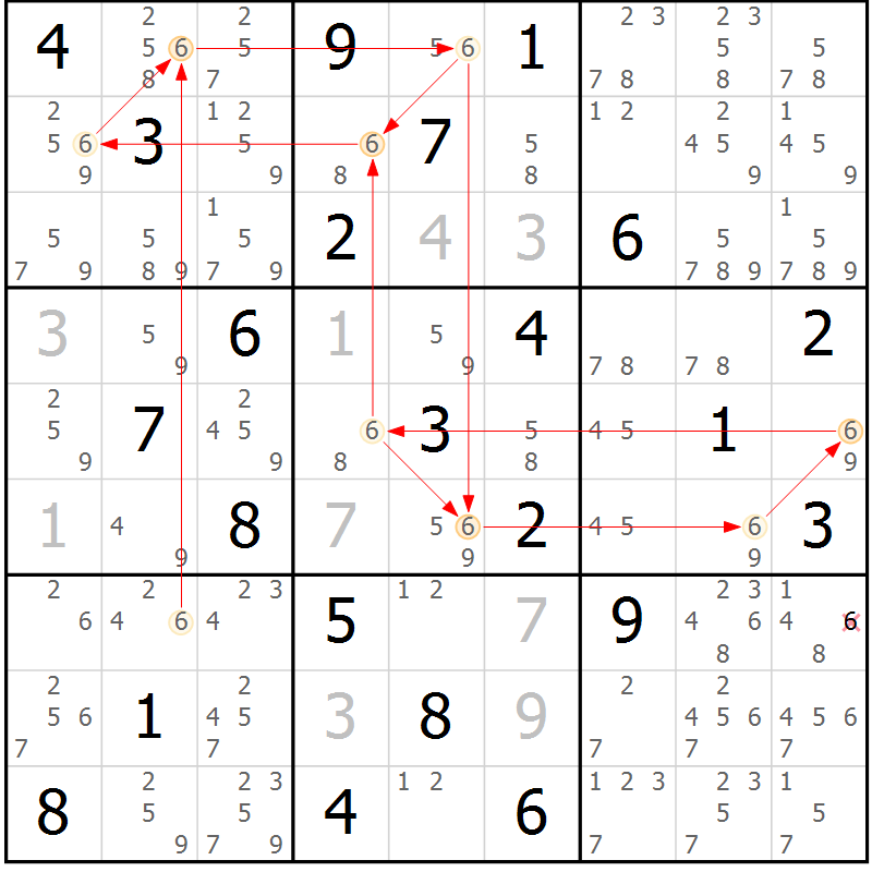 Position des candidats pour la solution de la Gr 82 page 85 du magazine de sudoku Maestro n° 099