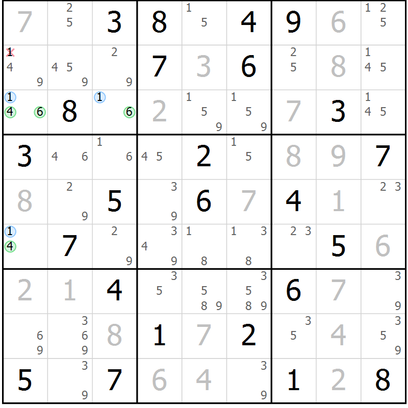 Position des candidats pour la solution de la Gr 83 page 86 du magazine de sudoku Maestro n° 099