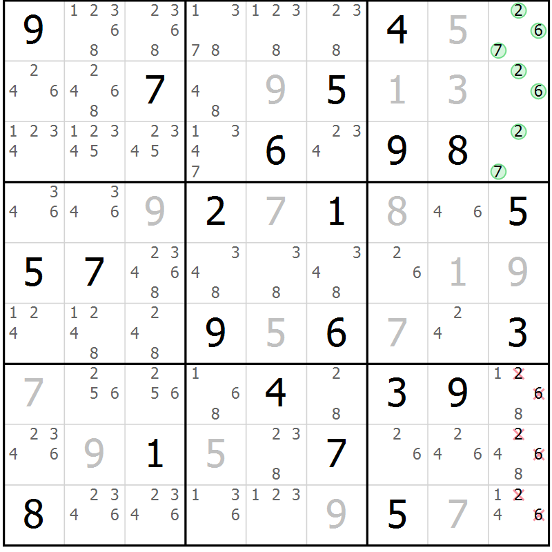 Position des candidats pour la solution de la Gr 84 page 87 du magazine de sudoku Maestro n° 099