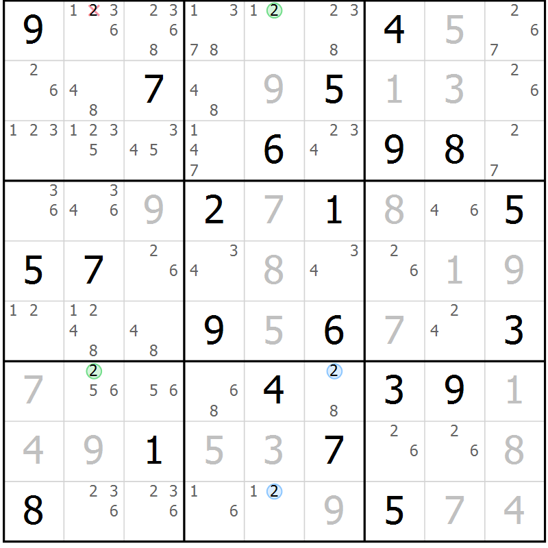 Position des candidats pour la solution de la Gr 84 page 87 du magazine de sudoku Maestro n° 099