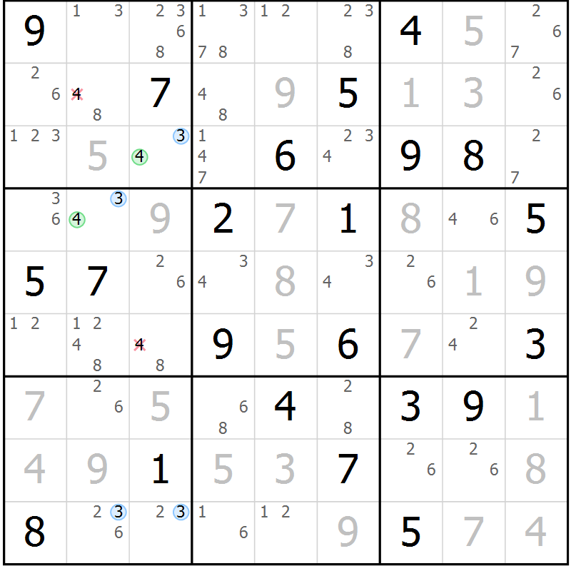 Position des candidats pour la solution de la Gr 84 page 87 du magazine de sudoku Maestro n° 099