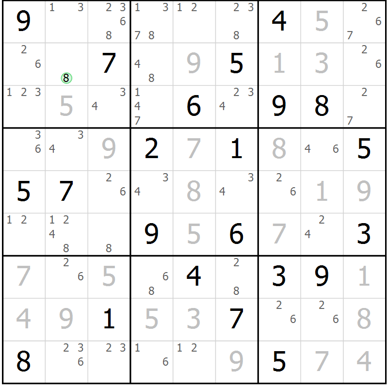 Position des candidats pour la solution de la Gr 84 page 87 du magazine de sudoku Maestro n° 099