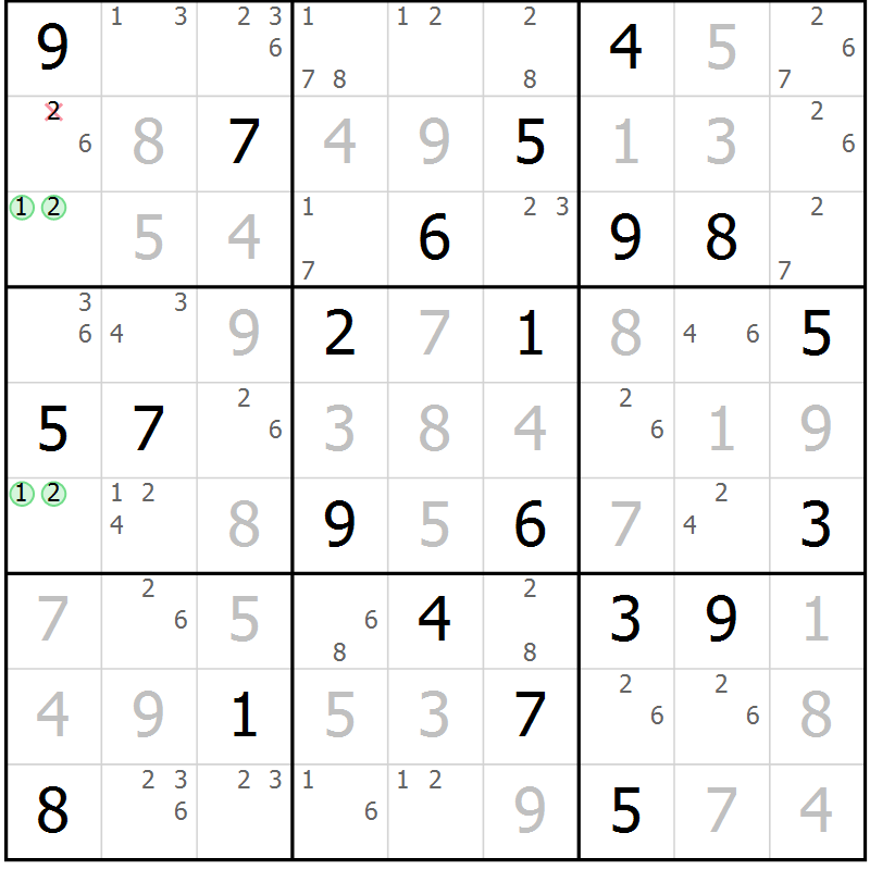 Position des candidats pour la solution de la Gr 84 page 87 du magazine de sudoku Maestro n° 099