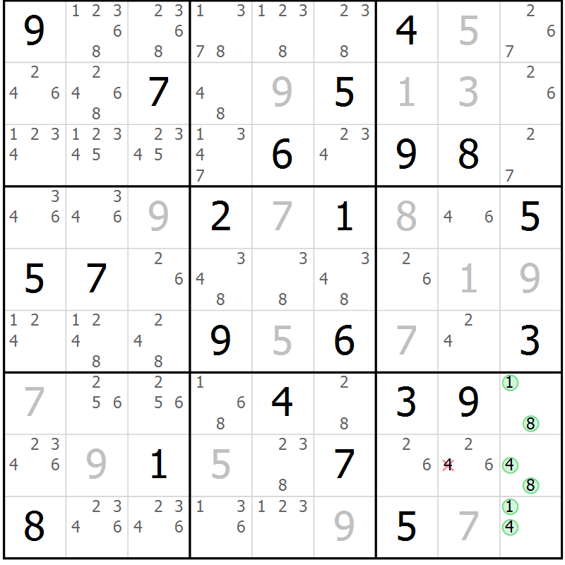 Position des candidats pour la solution de la Gr 84 page 87 du magazine de sudoku Maestro n° 099