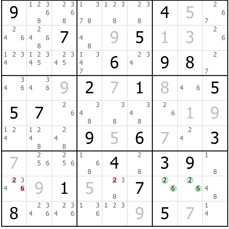 Position des candidats pour la solution de la Gr 84 page 87 du magazine de sudoku Maestro n° 099