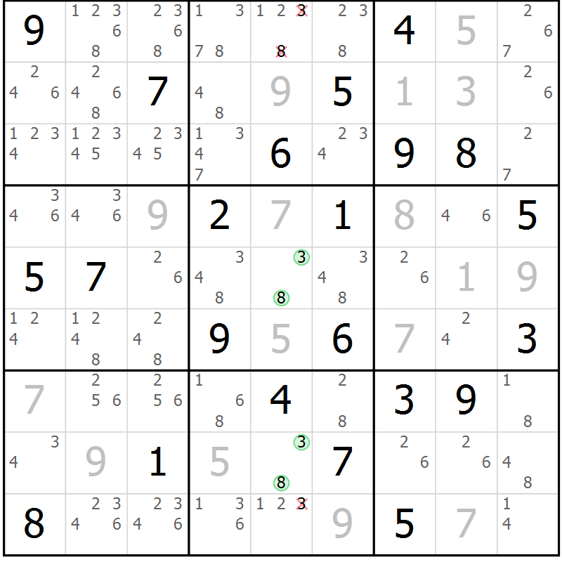 Position des candidats pour la solution de la Gr 84 page 87 du magazine de sudoku Maestro n° 099