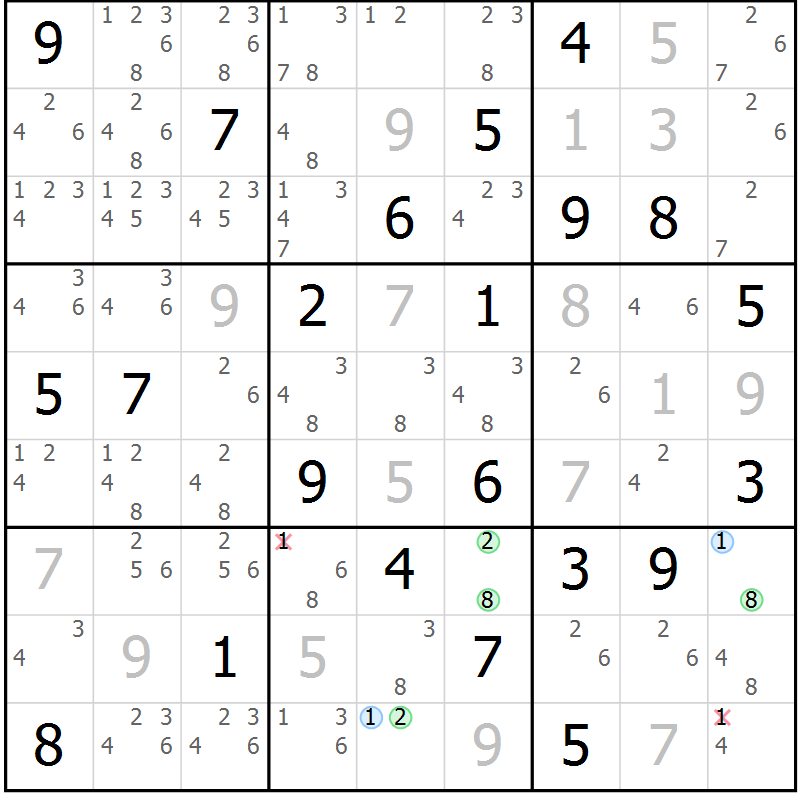 Position des candidats pour la solution de la Gr 84 page 87 du magazine de sudoku Maestro n° 099