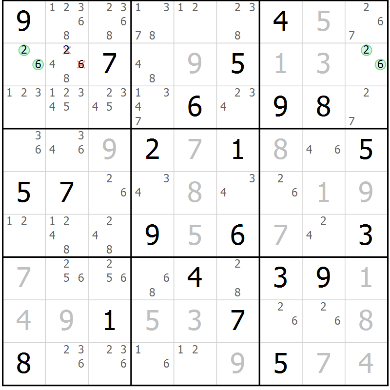Position des candidats pour la solution de la Gr 84 page 87 du magazine de sudoku Maestro n° 099