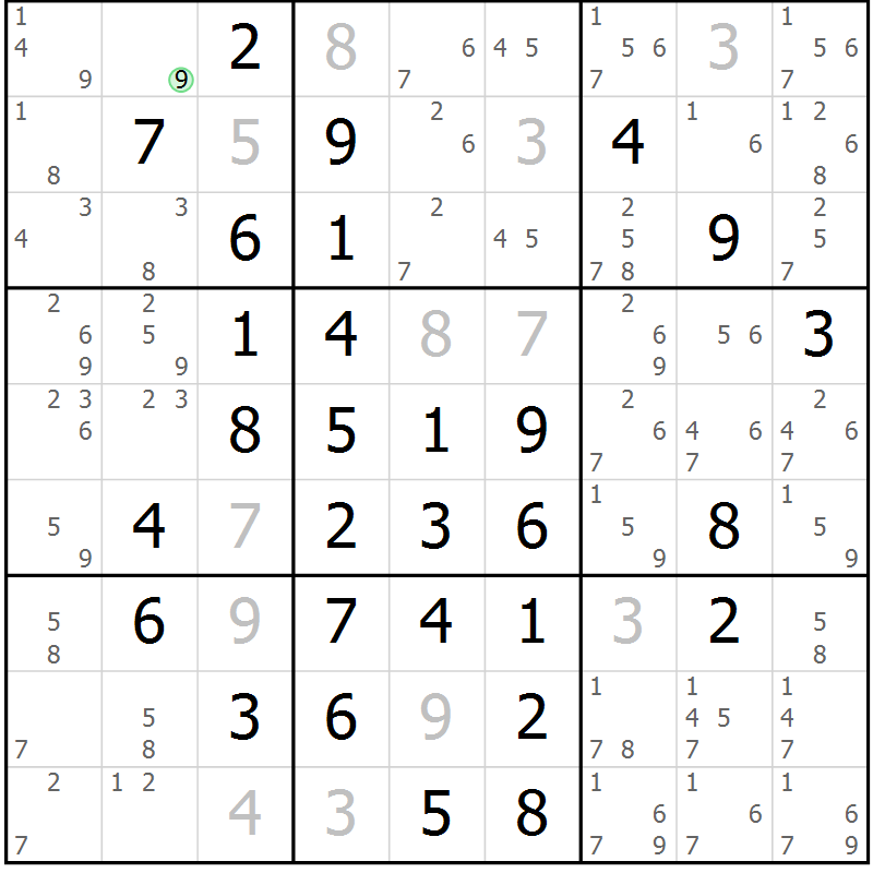 Position des candidats pour la solution de la Gr 9 page 12 du magazine de sudoku Maestro n° 099