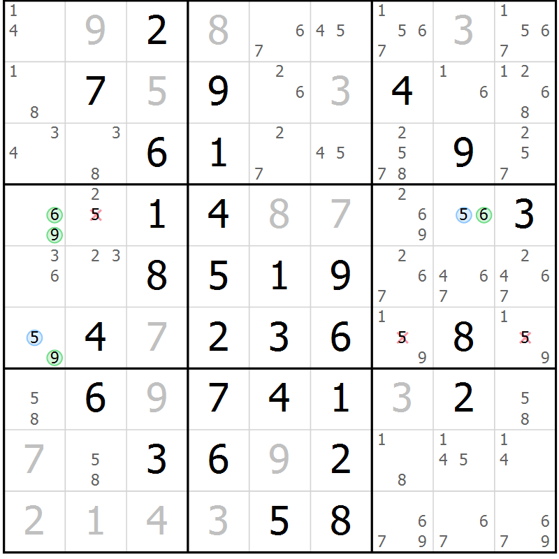 Position des candidats pour la solution de la Gr 9 page 12 du magazine de sudoku Maestro n° 099