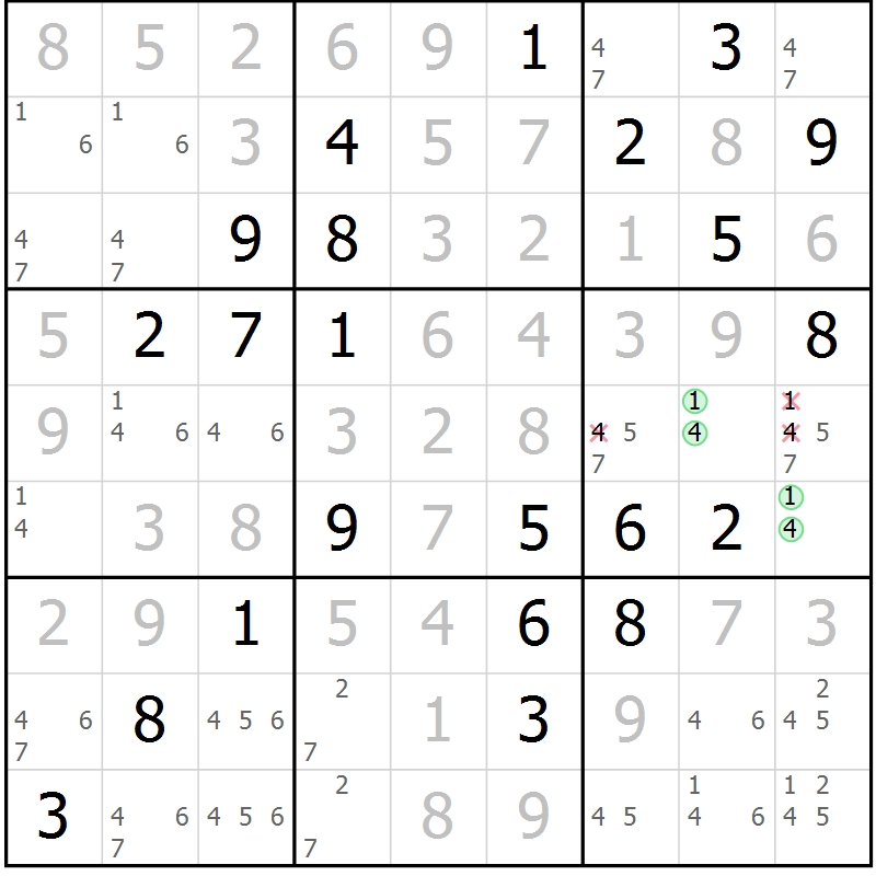 Position des candidats pour la solution de la Gr 10 page 13 du magazine de sudoku Maestro n° 100