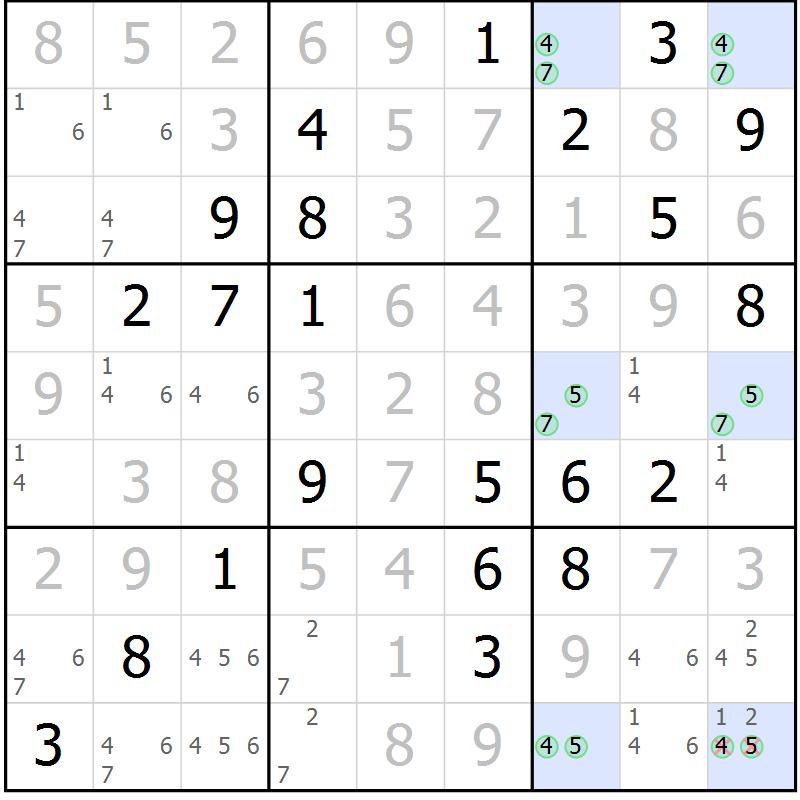Position des candidats pour la solution de la Gr 10 page 13 du magazine de sudoku Maestro n° 100