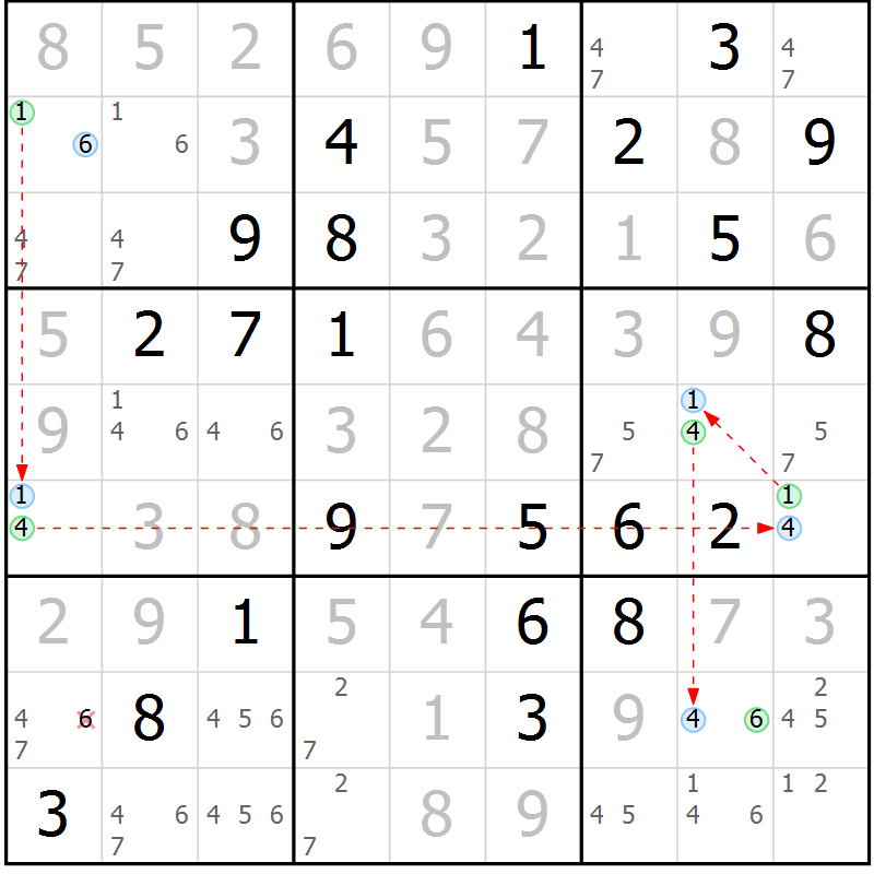 Position des candidats pour la solution de la Gr 10 page 13 du magazine de sudoku Maestro n° 100
