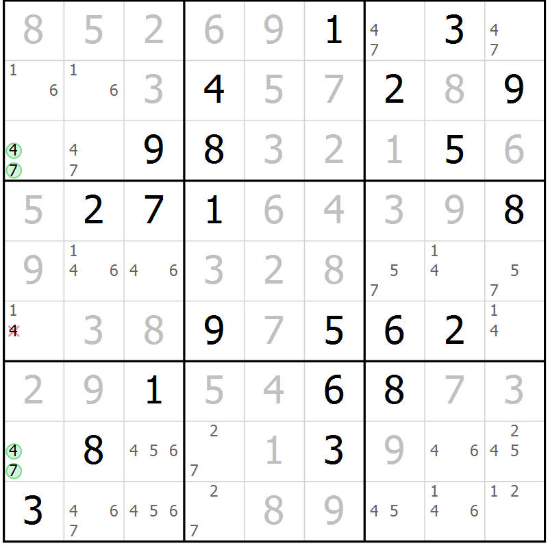 Position des candidats pour la solution de la Gr 10 page 13 du magazine de sudoku Maestro n° 100