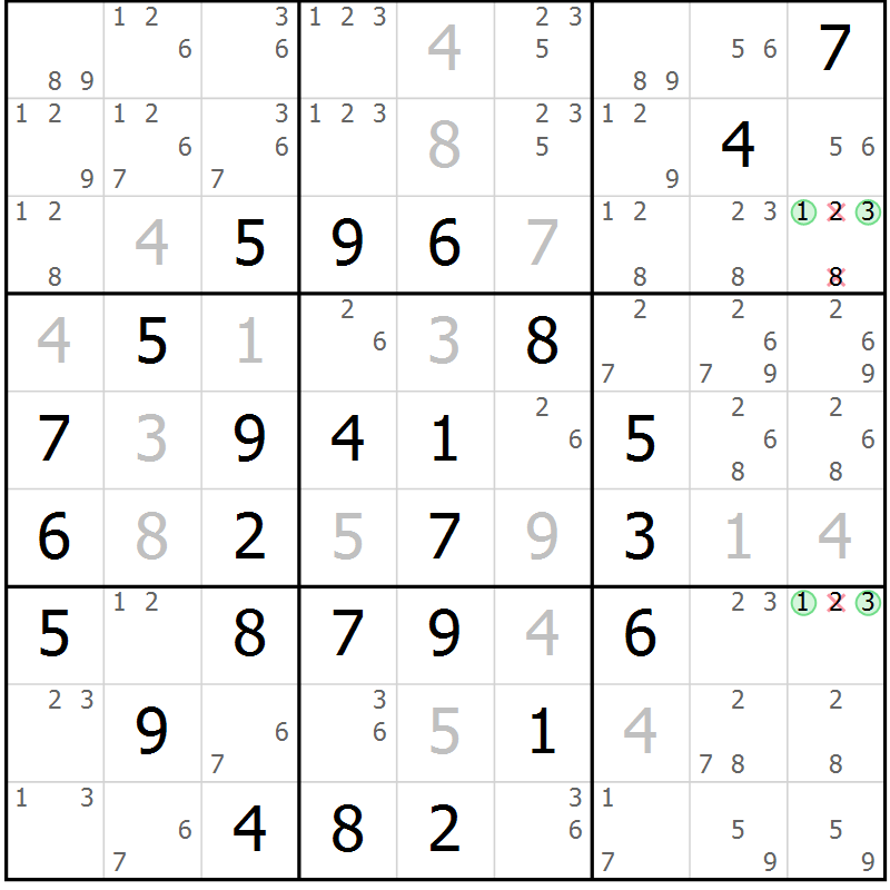 Position des candidats pour la solution de la Gr 11 page 14 du magazine de sudoku Maestro n° 100
