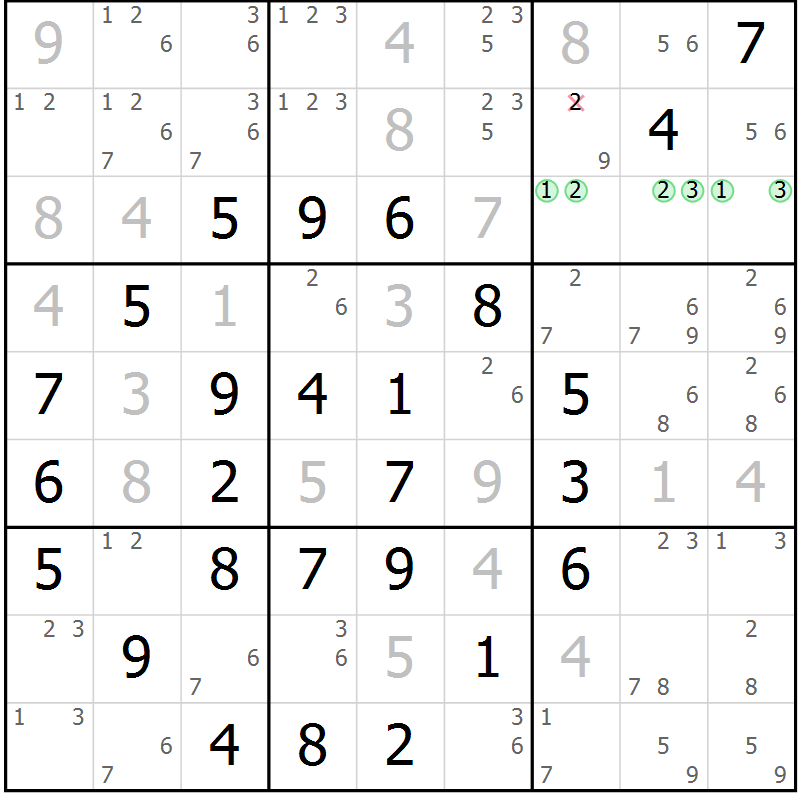 Position des candidats pour la solution de la Gr 11 page 14 du magazine de sudoku Maestro n° 100