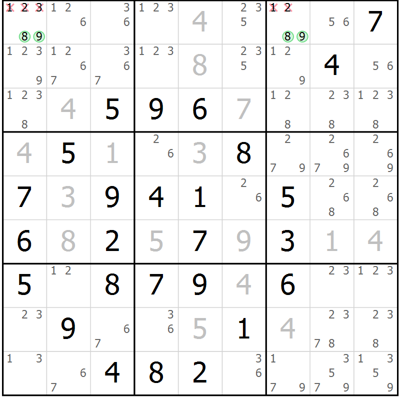 Position des candidats pour la solution de la Gr 11 page 14 du magazine de sudoku Maestro n° 100
