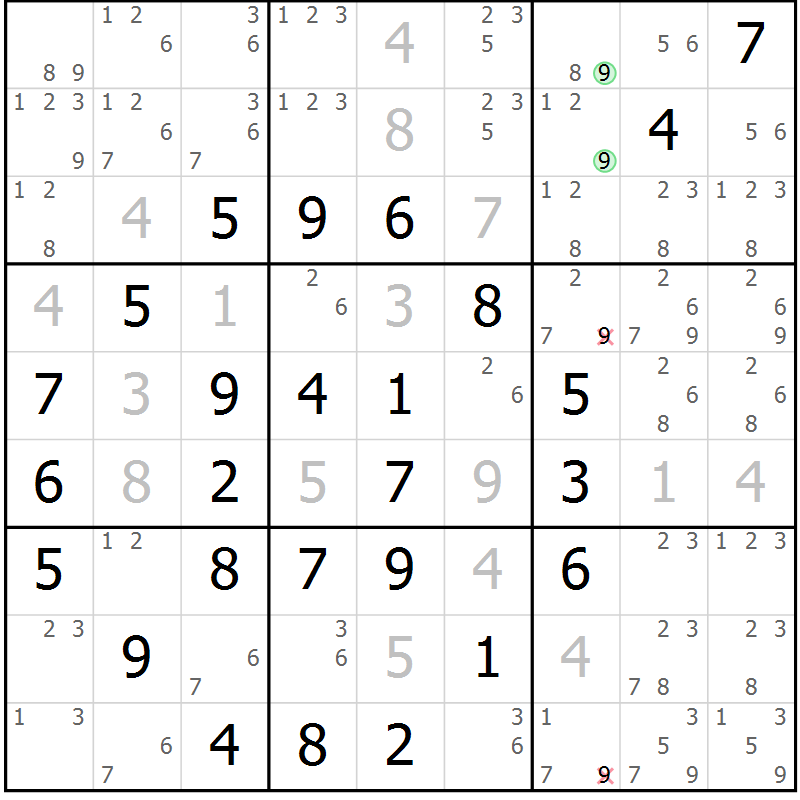 Position des candidats pour la solution de la Gr 11 page 14 du magazine de sudoku Maestro n° 100