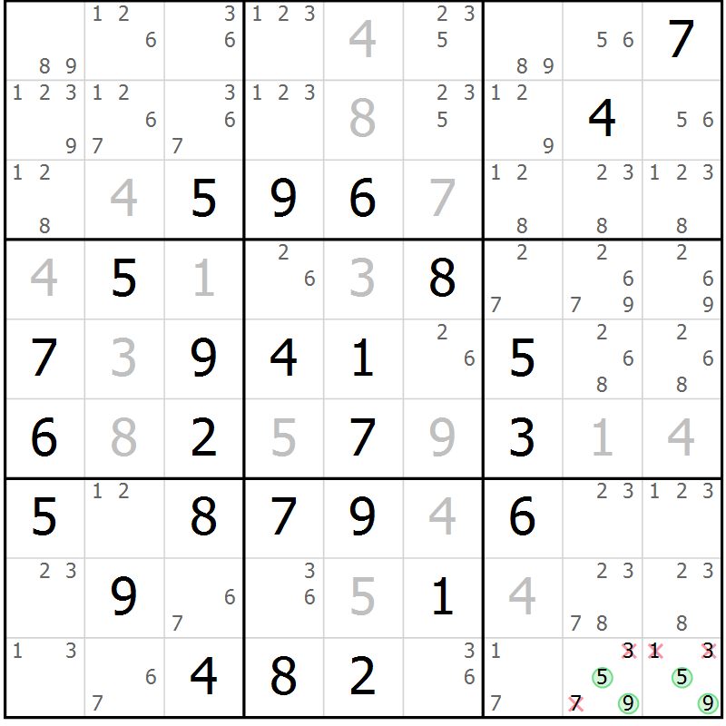 Position des candidats pour la solution de la Gr 11 page 14 du magazine de sudoku Maestro n° 100