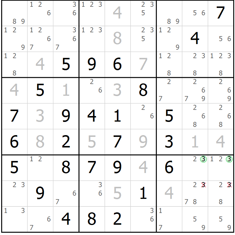 Position des candidats pour la solution de la Gr 11 page 14 du magazine de sudoku Maestro n° 100