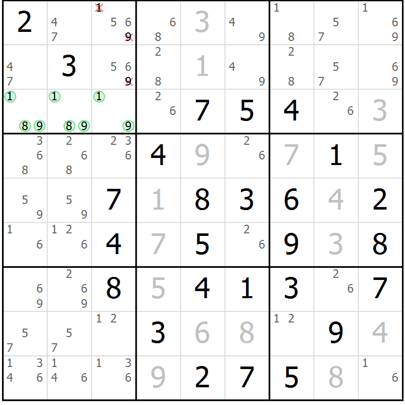 Position des candidats pour la solution de la Gr 13 page 16 du magazine de sudoku Maestro n° 100