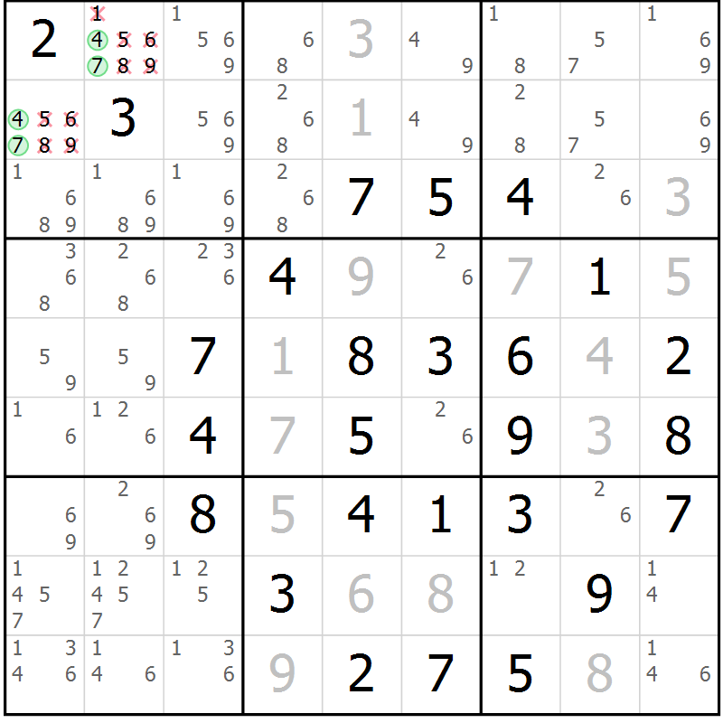 Position des candidats pour la solution de la Gr 13 page 16 du magazine de sudoku Maestro n° 100