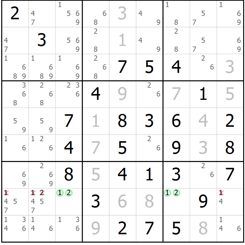 Position des candidats pour la solution de la Gr 13 page 16 du magazine de sudoku Maestro n° 100