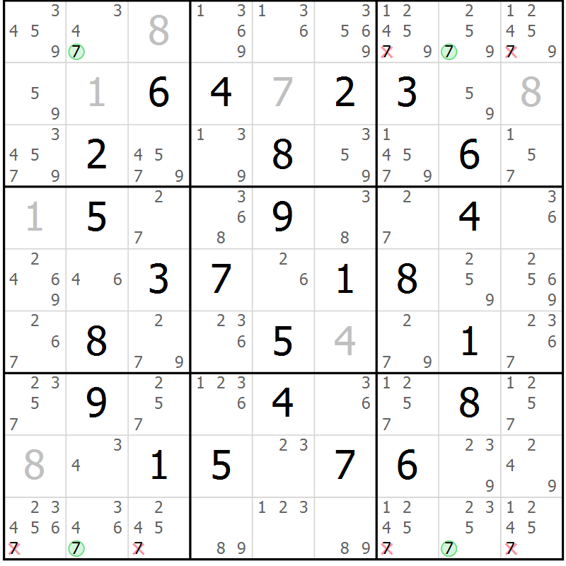 Position des candidats pour la solution de la Gr 15 page 18 du magazine de sudoku Maestro n° 100