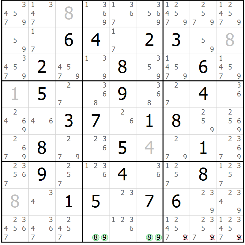 Position des candidats pour la solution de la Gr 15 page 18 du magazine de sudoku Maestro n° 100