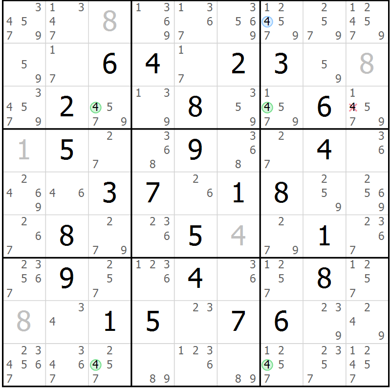 Position des candidats pour la solution de la Gr 15 page 18 du magazine de sudoku Maestro n° 100