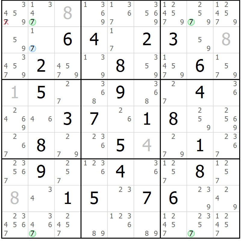 Position des candidats pour la solution de la Gr 15 page 18 du magazine de sudoku Maestro n° 100